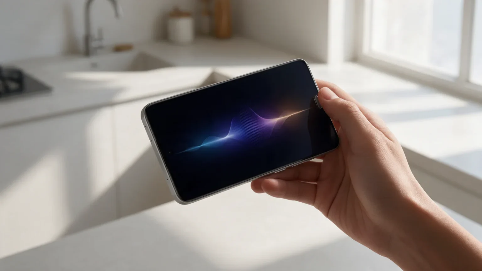 Mão segurando um celular com uma onda sonora abstrata na tela, em uma cozinha iluminada