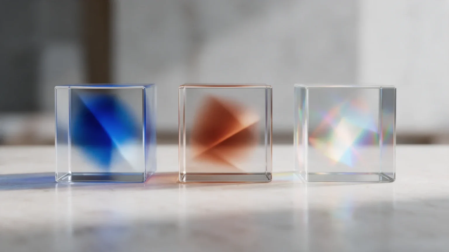 Três cubos de vidro lado a lado, cada um com um padrão de luz diferente em azul, terracota e multicolorido