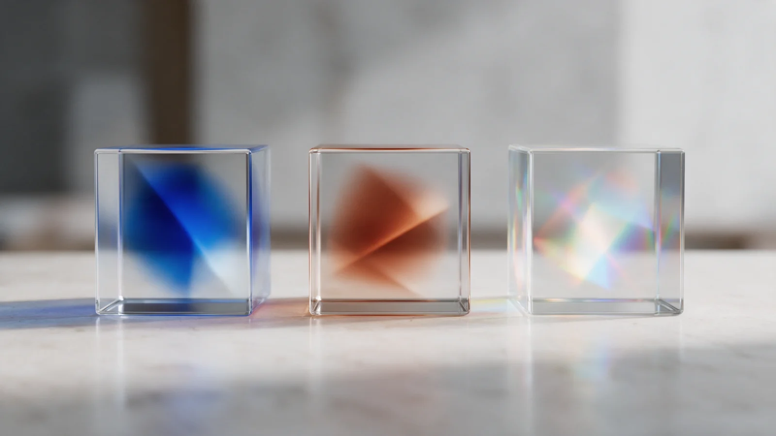 Três cubos de vidro lado a lado, cada um com um padrão de luz diferente em azul, terracota e multicolorido
