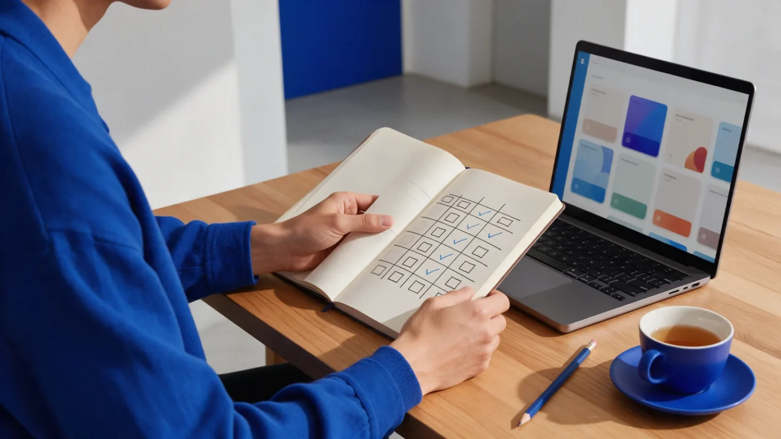 Pessoa comparando opções de estudo em um caderno com uma tabela de marcações, ao lado de um notebook