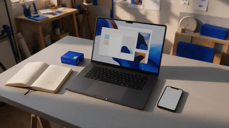 Mesa de trabalho de freelancer com notebook, caderno de esboços, caixa de produto e celular com um gráfico simples