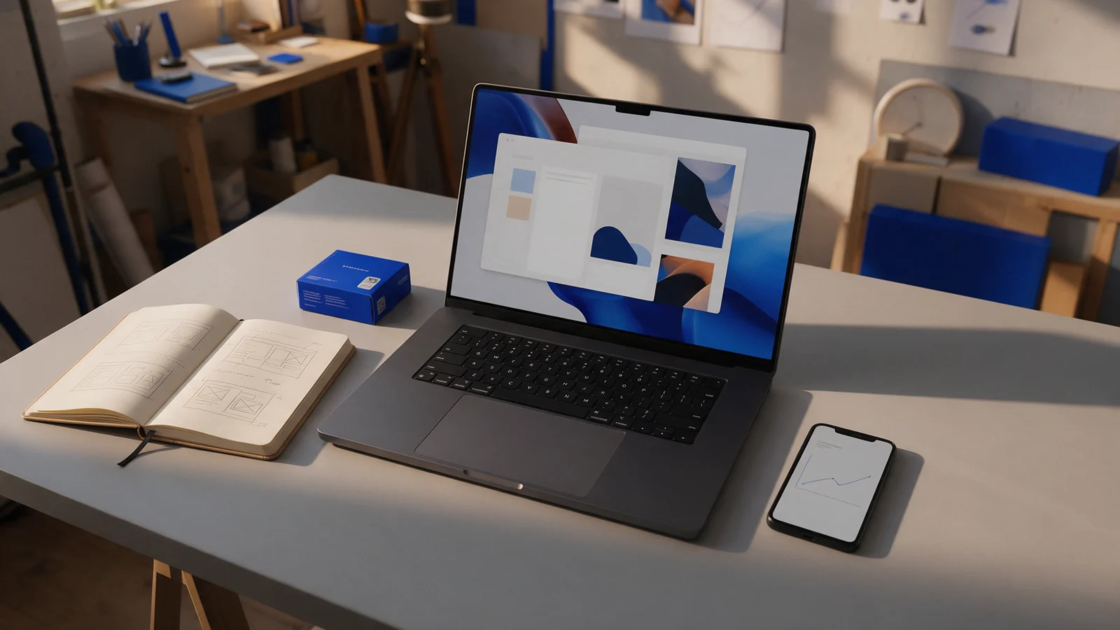 Mesa de trabalho de freelancer com notebook, caderno de esboços, caixa de produto e celular com um gráfico simples