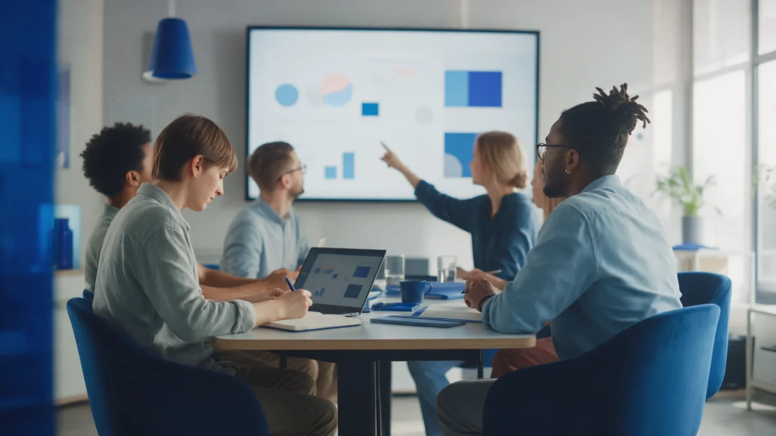 Equipe em sala de reunião analisando gráficos em uma tela grande enquanto uma pessoa faz anotações no notebook