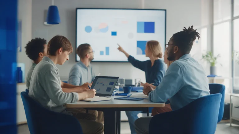 Equipe em sala de reunião analisando gráficos em uma tela grande enquanto uma pessoa faz anotações no notebook