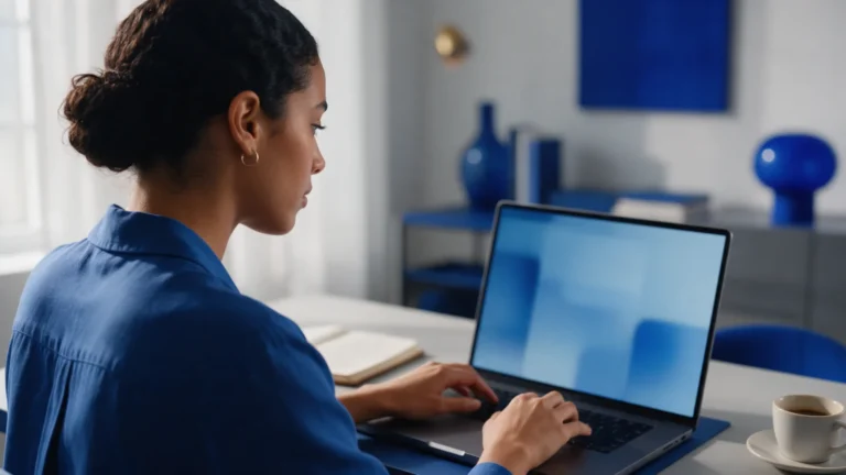 Mulher digitando uma pergunta em uma interface de chat no notebook, em um escritório doméstico com detalhes em azul
