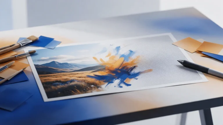 Fotografia impressa de paisagem que se transforma em pinceladas e depois em uma grade de pixels