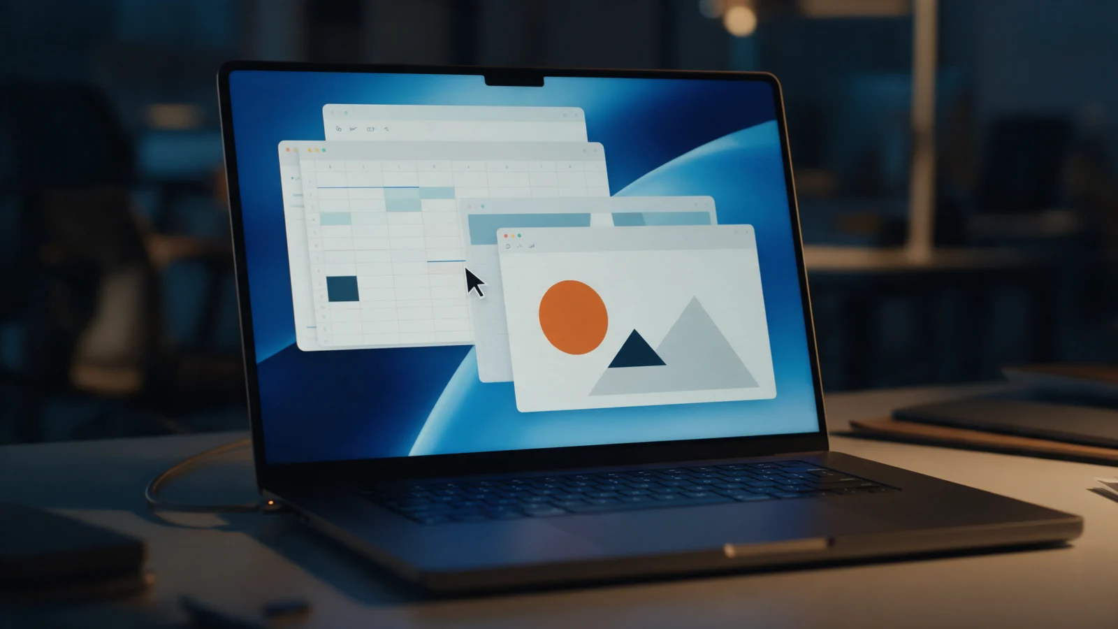 Tela de notebook com várias janelas de aplicativos abertas, uma planilha e um slide, e um cursor movendo-se entre elas
