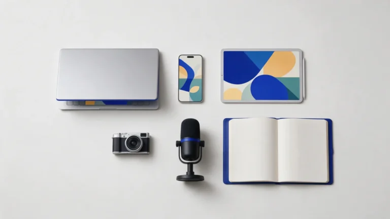 Notebook, celular, tablet, câmera, microfone e caderno organizados em grade sobre uma superfície clara